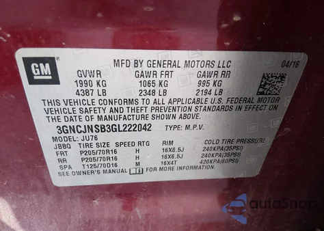 2016 Chevrolet Trax 1Ls z USA, uszkodzony, nr VIN 3GNCJNSB3GL222042